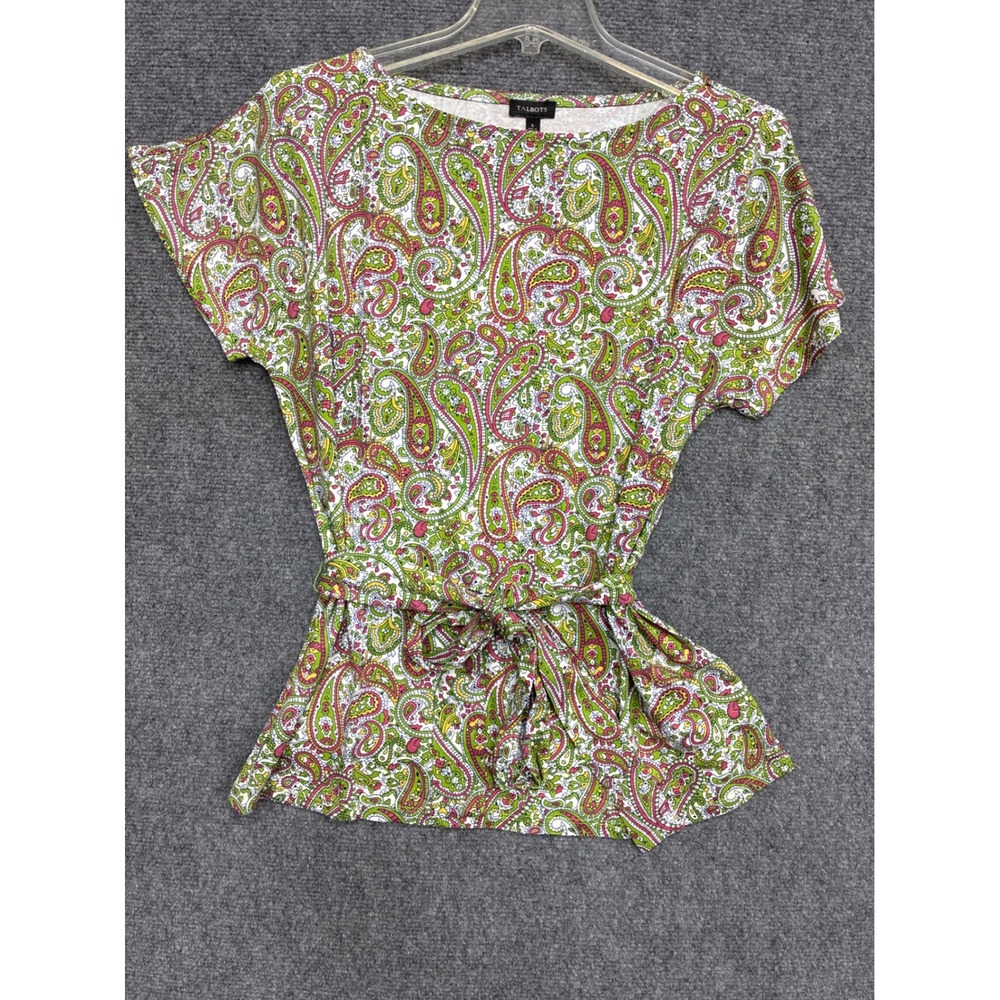 Talbots Womens Green Pink Paisley Boat Neck Belted Short Sleeve Knit Top Small